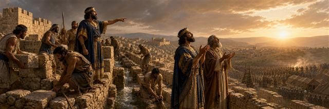 Hezekiah overseeing walls and waterworks while later praying with Isaiah inside Jerusalem